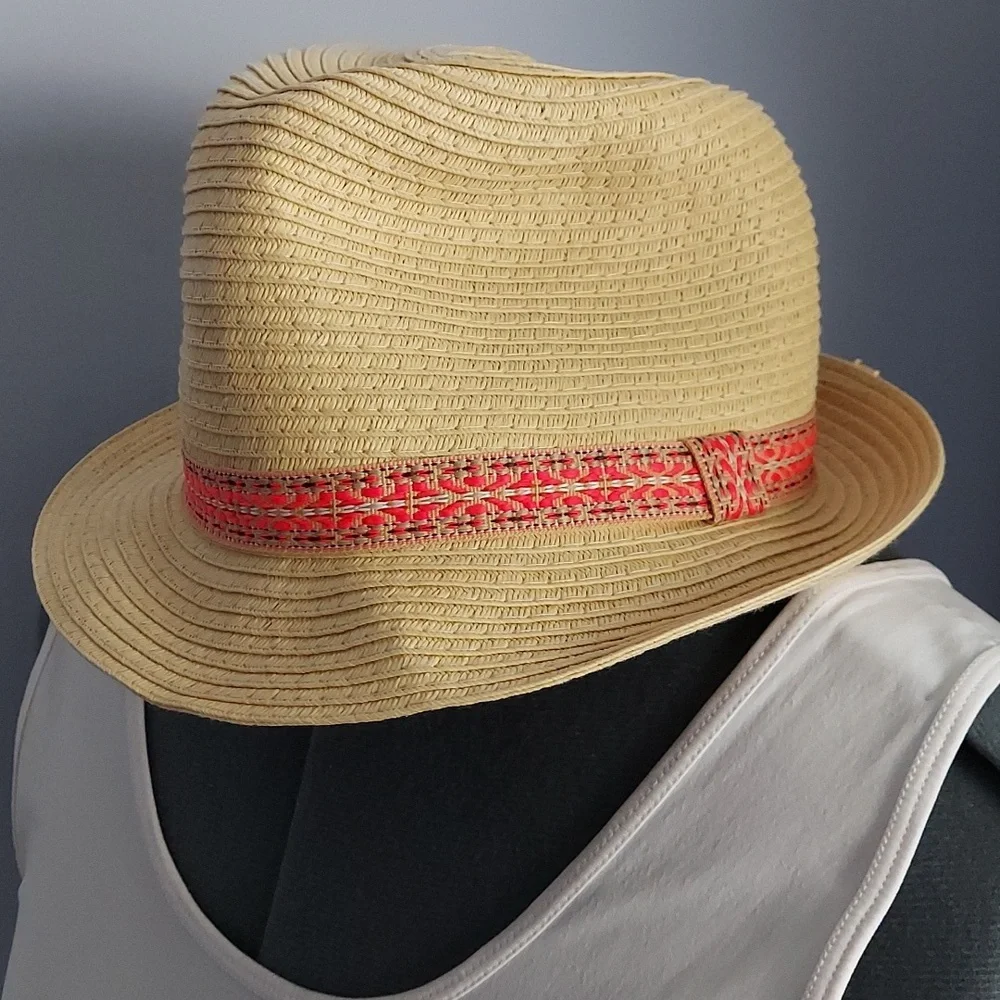 * Fedora Women's Summer Straw Hat Tan with Coral Multi Band, Like New